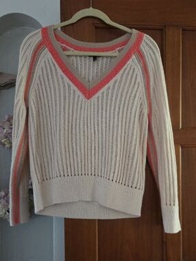 Talbots Cream Open-Knit V-Neck Sweater with Coral Trim